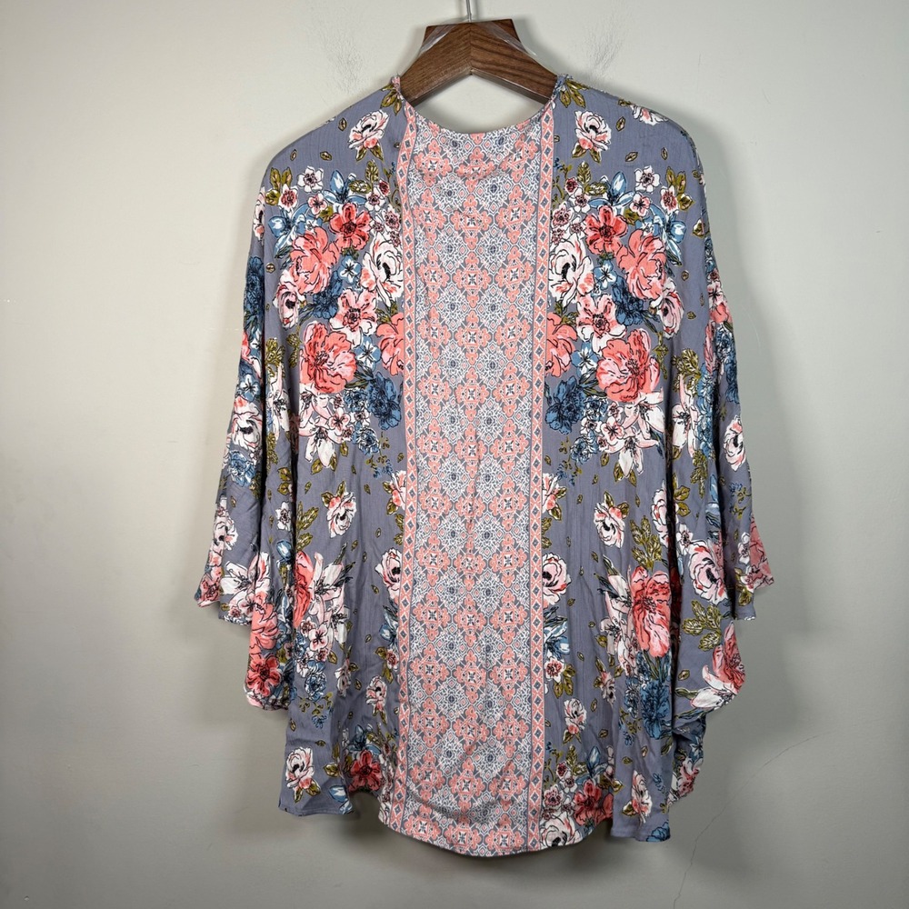 Angie Mixed Pattern Floral Boho Open Front Kimono Cardigan Medium - Picture 8 of 12